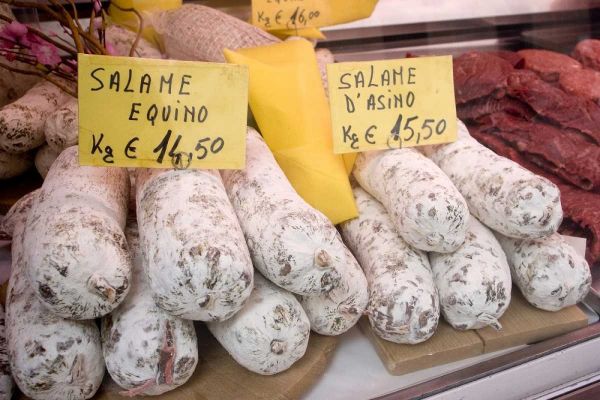Italy, Venice Horse meat products for sale